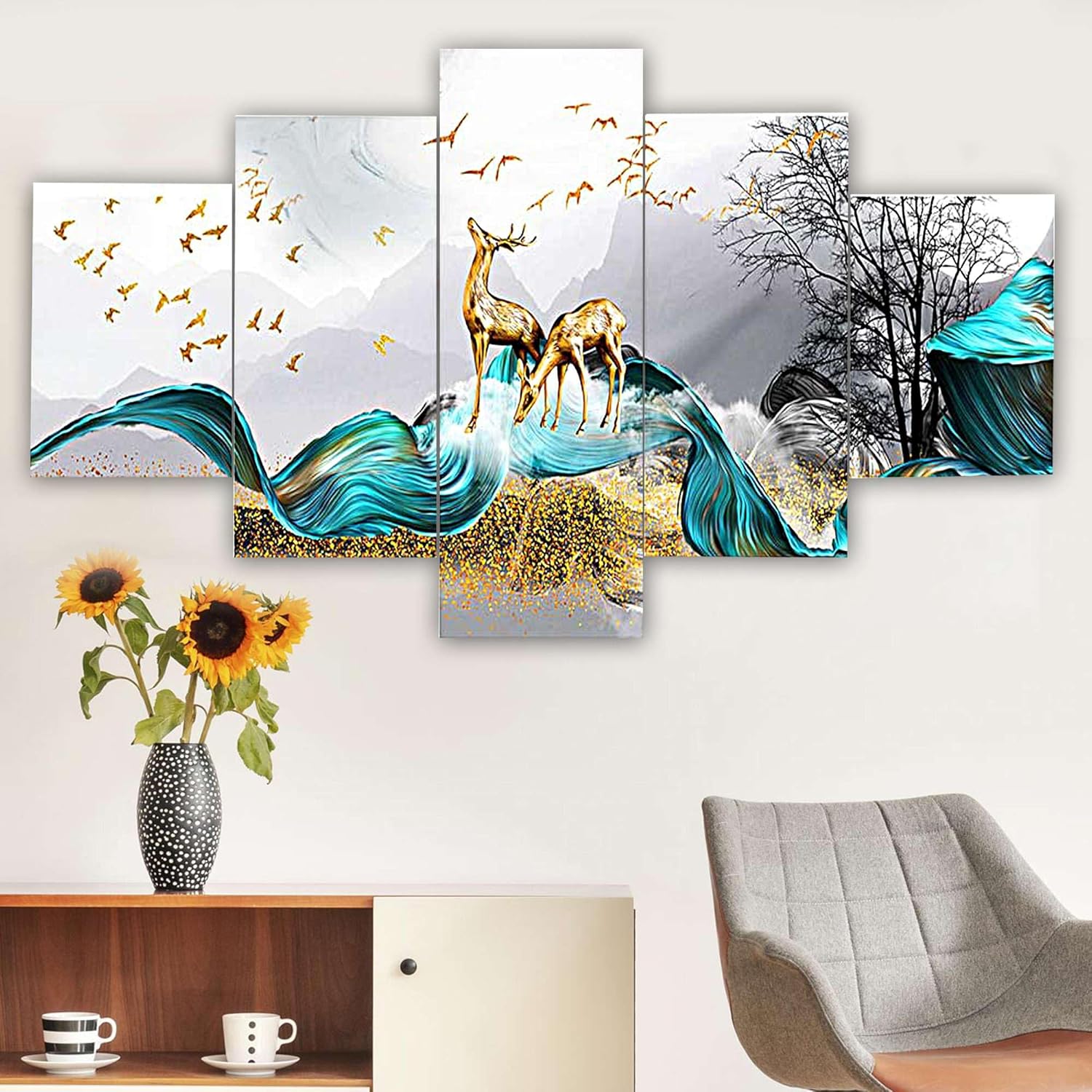 MDF Framed 3D Wall Painting Set of Five for Home Decoration, Big Size Painting for Living Room