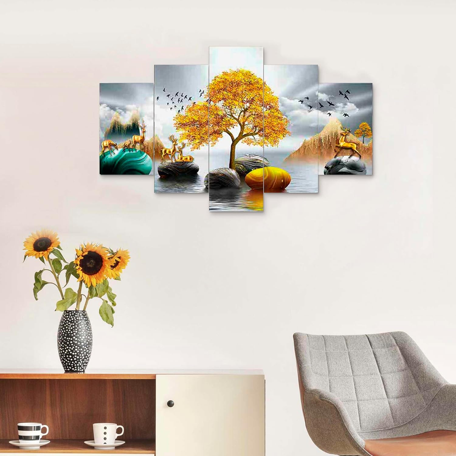 MDF Framed 3D Wall Painting Set of Five for Home Decoration, Big Size Painting for Living Room