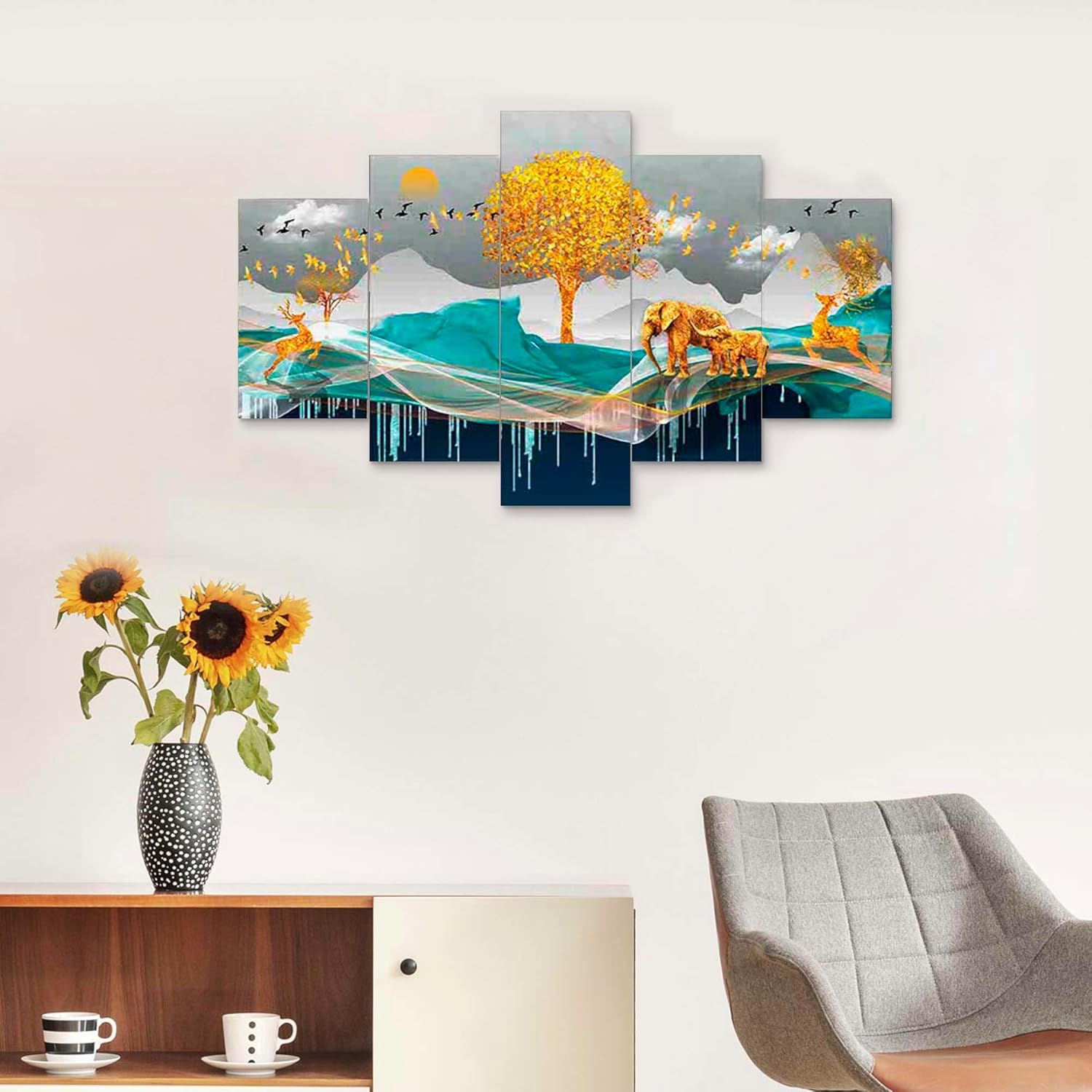 MDF Framed 3D Wall Painting Set of Five for Home Decoration, Big Size Painting for Living Room
