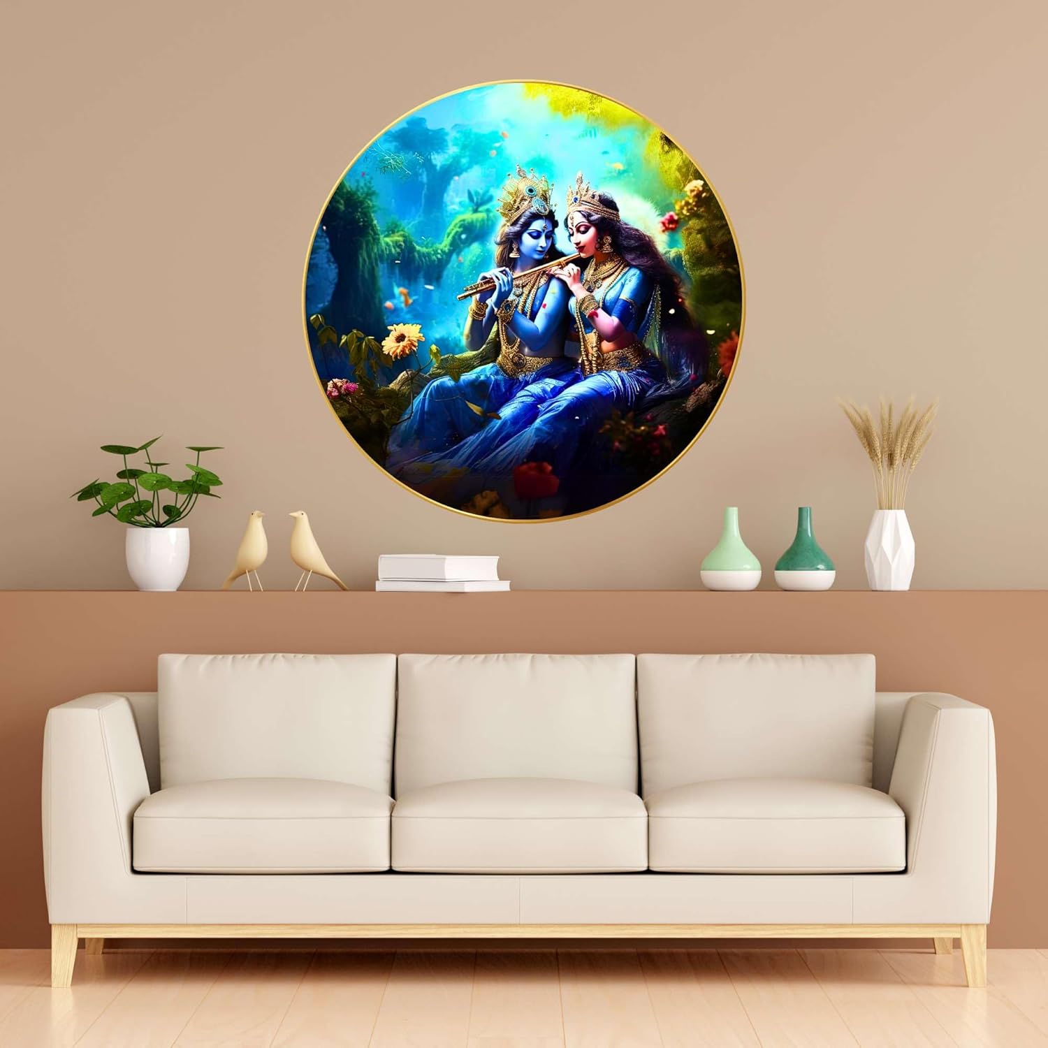 Radha Krishna Wall Painting for Wall Decoration with Frame Sparkle Glossy Round Golden Framed