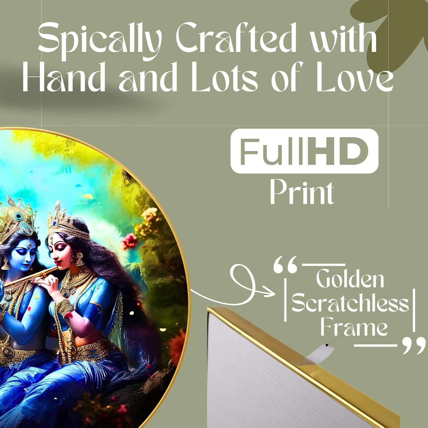 Radha Krishna Wall Painting for Wall Decoration with Frame Sparkle Glossy Round Golden Framed