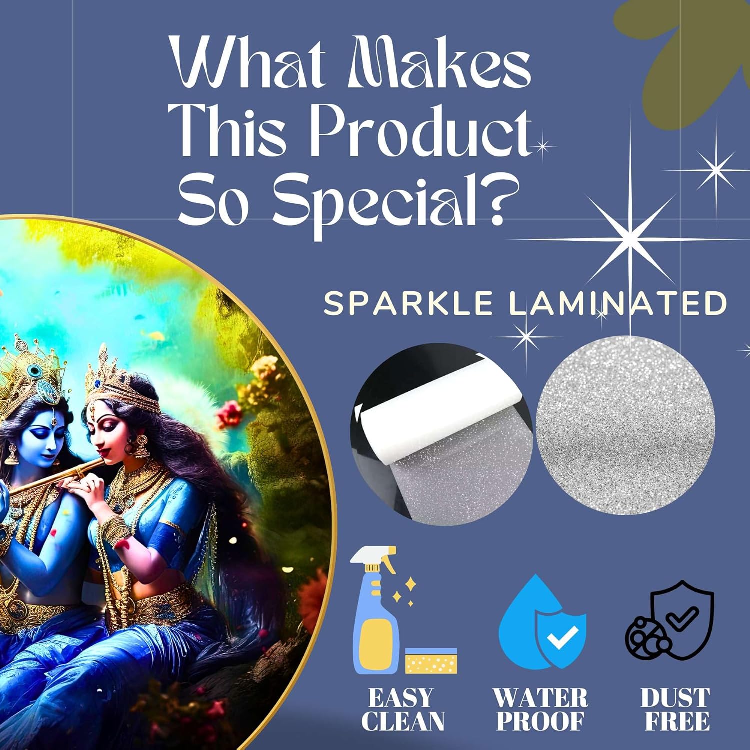 Radha Krishna Wall Painting for Wall Decoration with Frame Sparkle Glossy Round Golden Framed