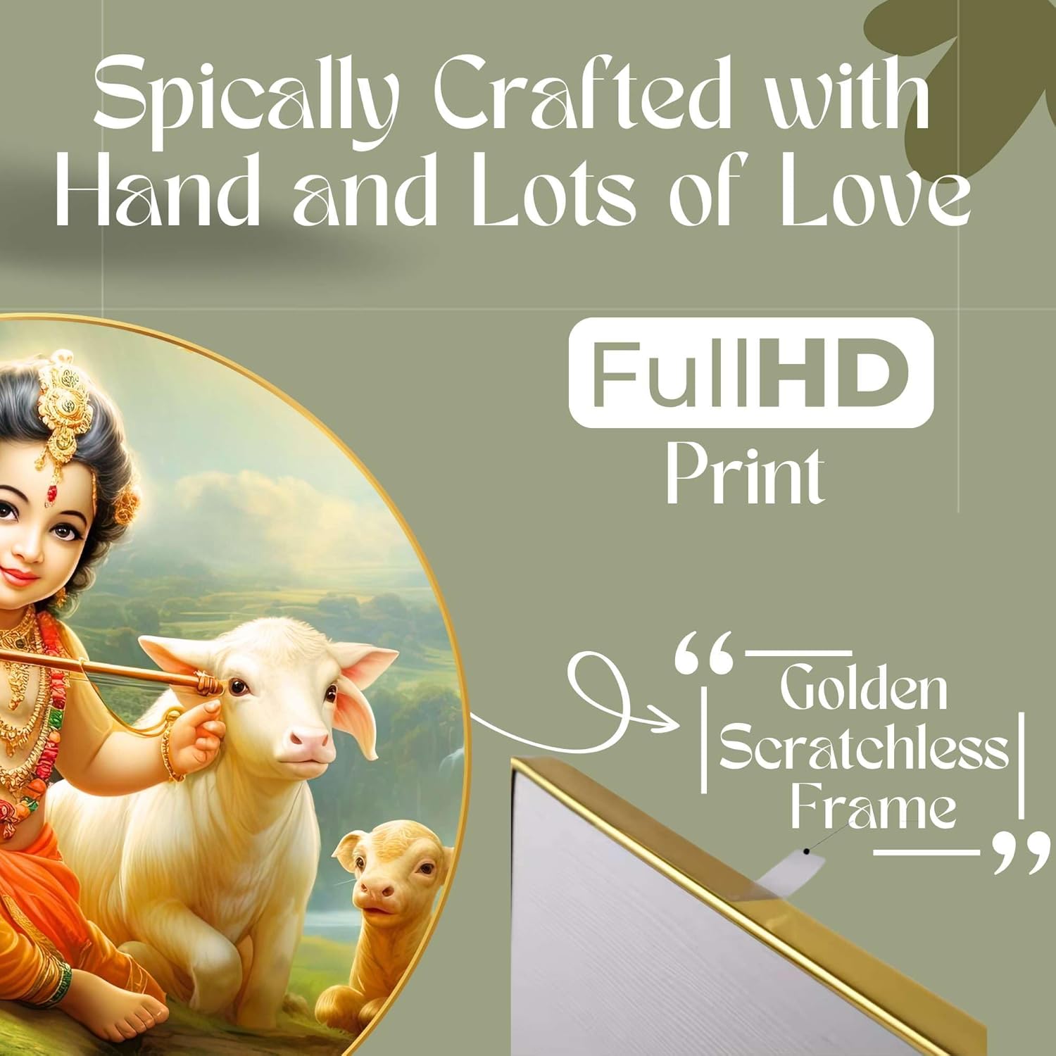 Radha Krishna Wall Painting for Wall Decoration with Frame Sparkle Glossy Round Golden Framed