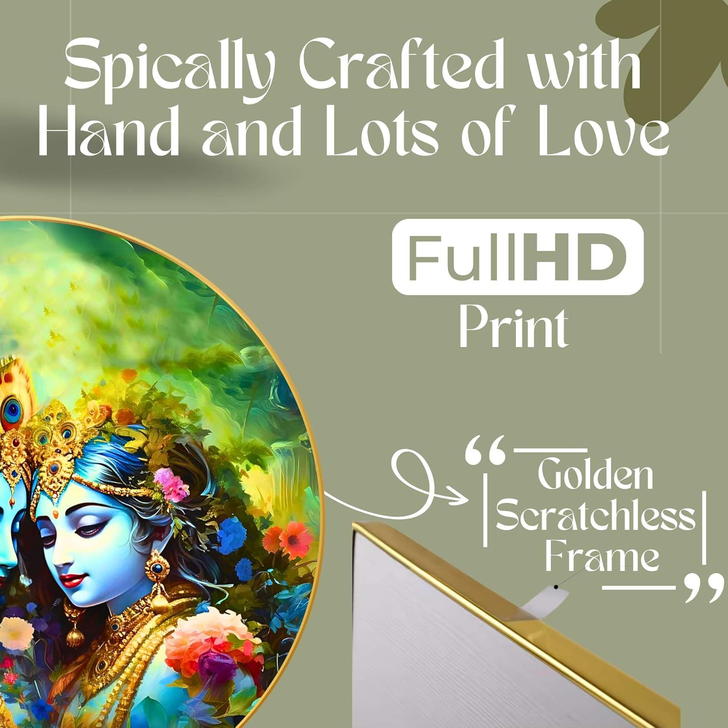 Radha Krishna Wall Painting for Wall Decoration with Frame Sparkle Glossy Round Golden Framed