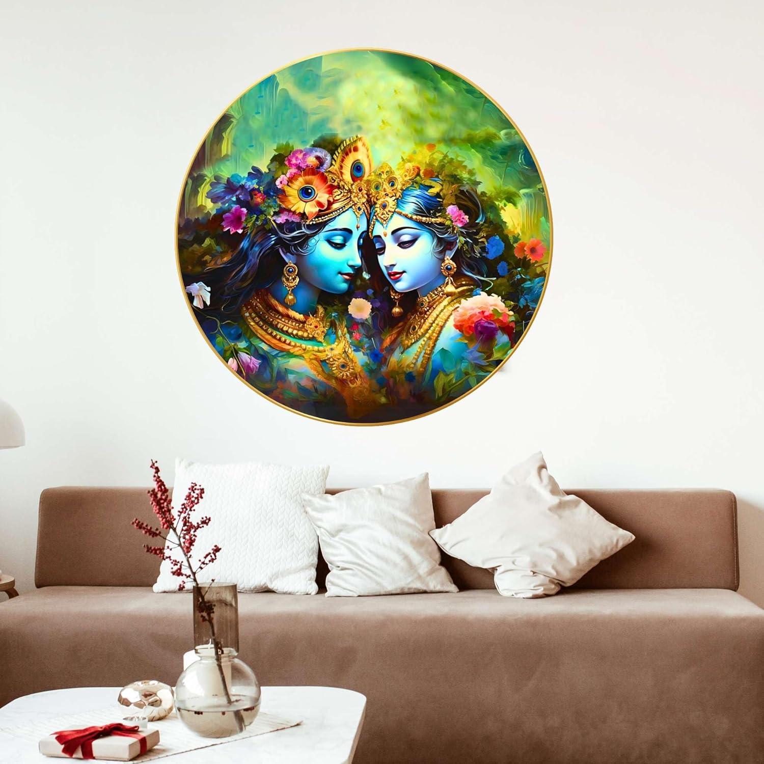 Radha Krishna Wall Painting for Wall Decoration with Frame Sparkle Glossy Round Golden Framed