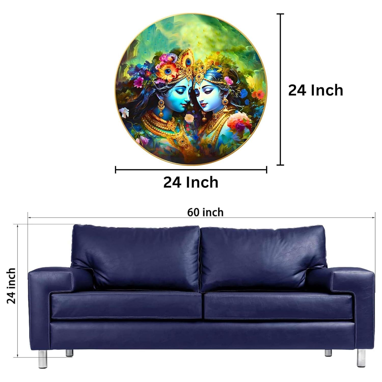 Radha Krishna Wall Painting for Wall Decoration with Frame Sparkle Glossy Round Golden Framed