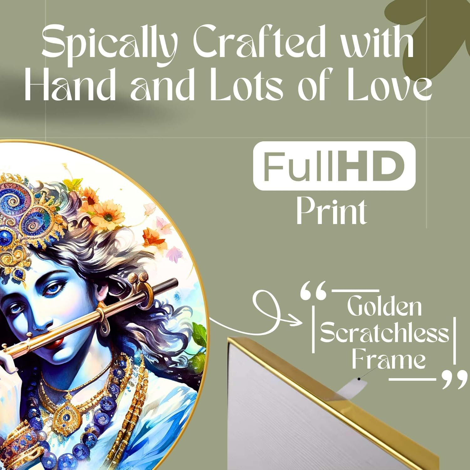 Radha Krishna Wall Painting for Wall Decoration with Frame Sparkle Glossy Round Golden Framed