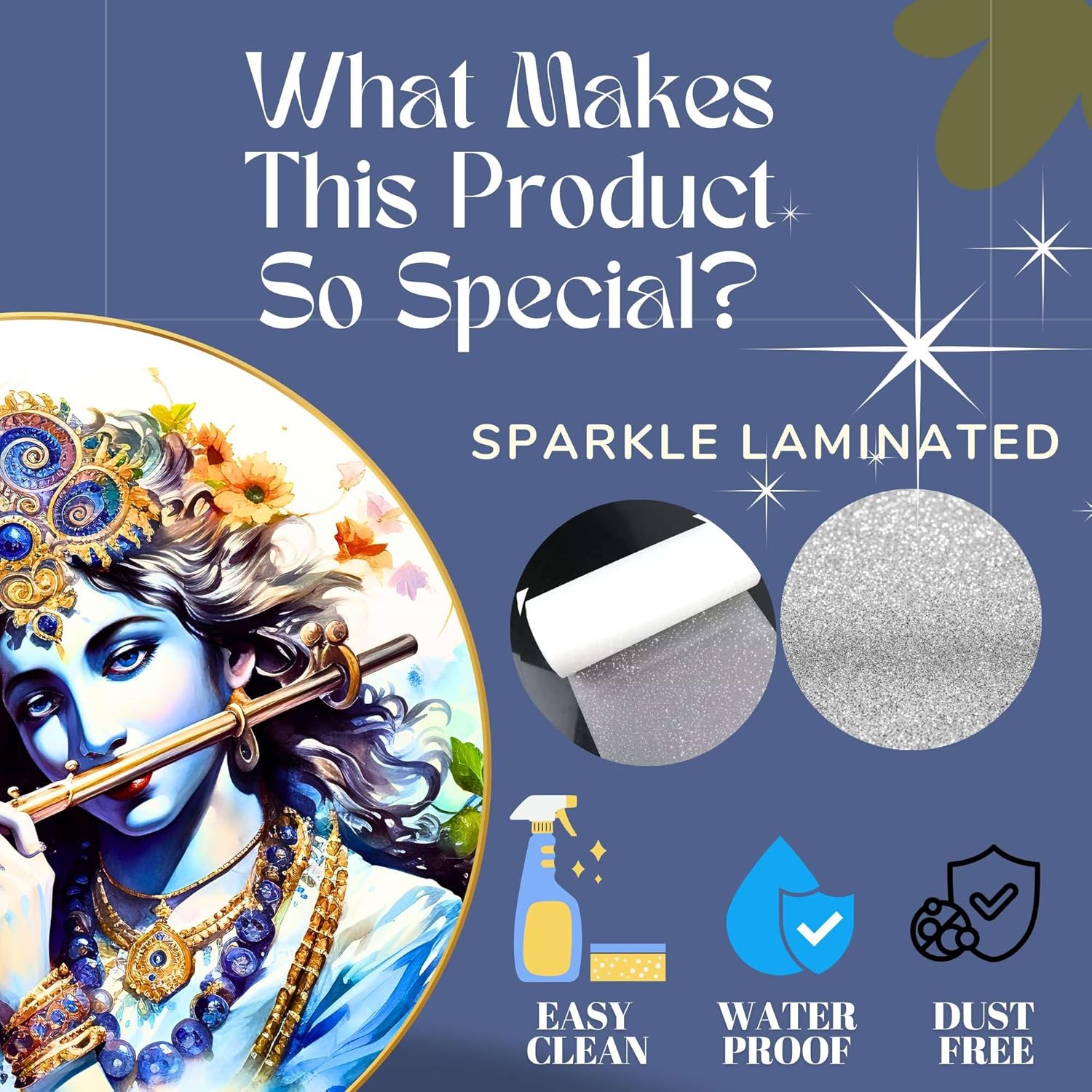 Radha Krishna Wall Painting for Wall Decoration with Frame Sparkle Glossy Round Golden Framed