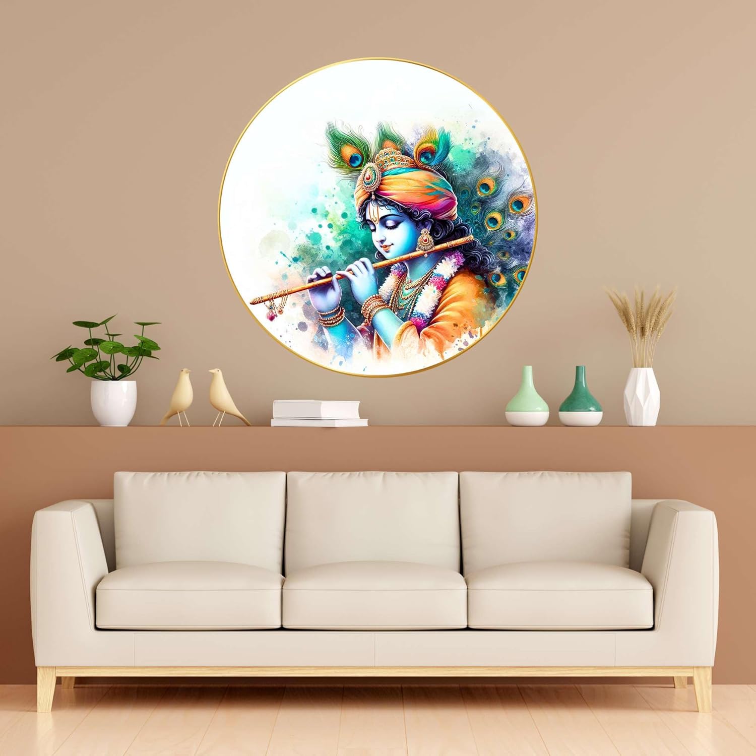 Radha Krishna Wall Painting for Wall Decoration with Frame Sparkle Glossy Round Golden Framed