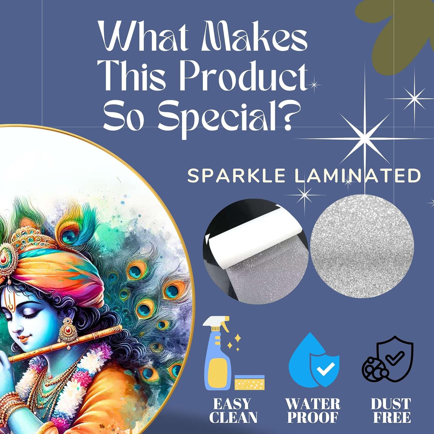 Radha Krishna Wall Painting for Wall Decoration with Frame Sparkle Glossy Round Golden Framed