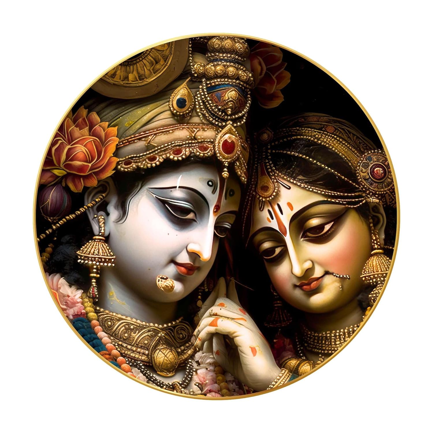 Radha Krishna Wall Painting for Wall Decoration with Frame Sparkle Glossy Round Golden Framed