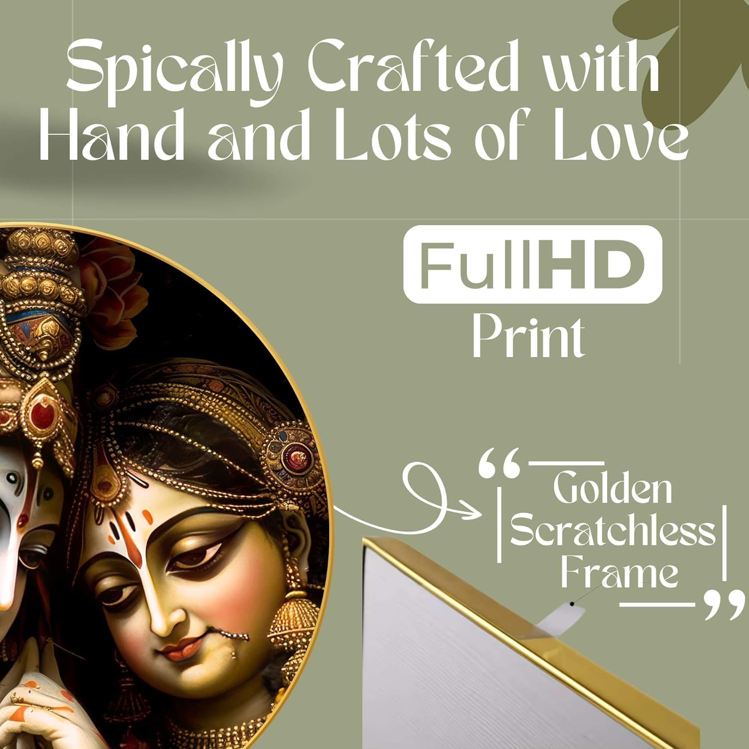 Radha Krishna Wall Painting for Wall Decoration with Frame Sparkle Glossy Round Golden Framed