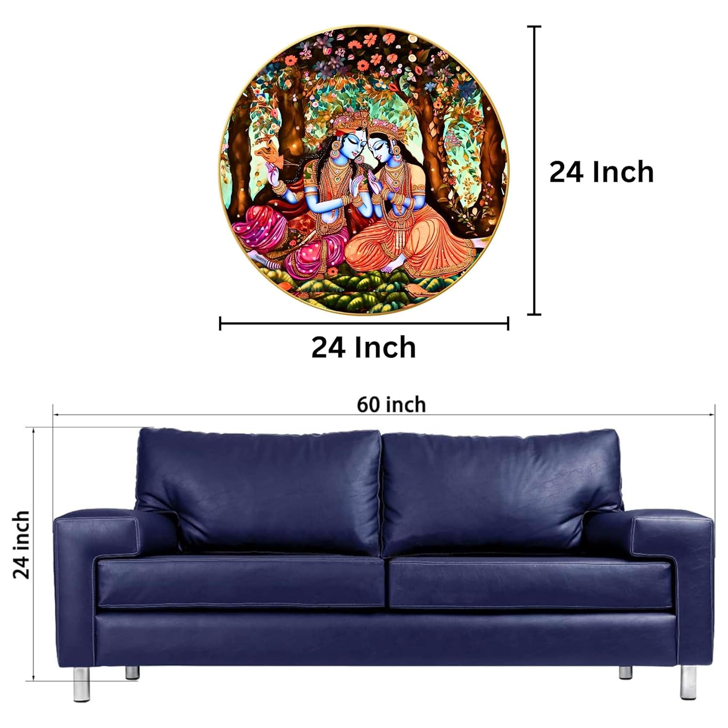 Radha Krishna Wall Painting for Wall Decoration with Frame Sparkle Glossy Round Golden Framed