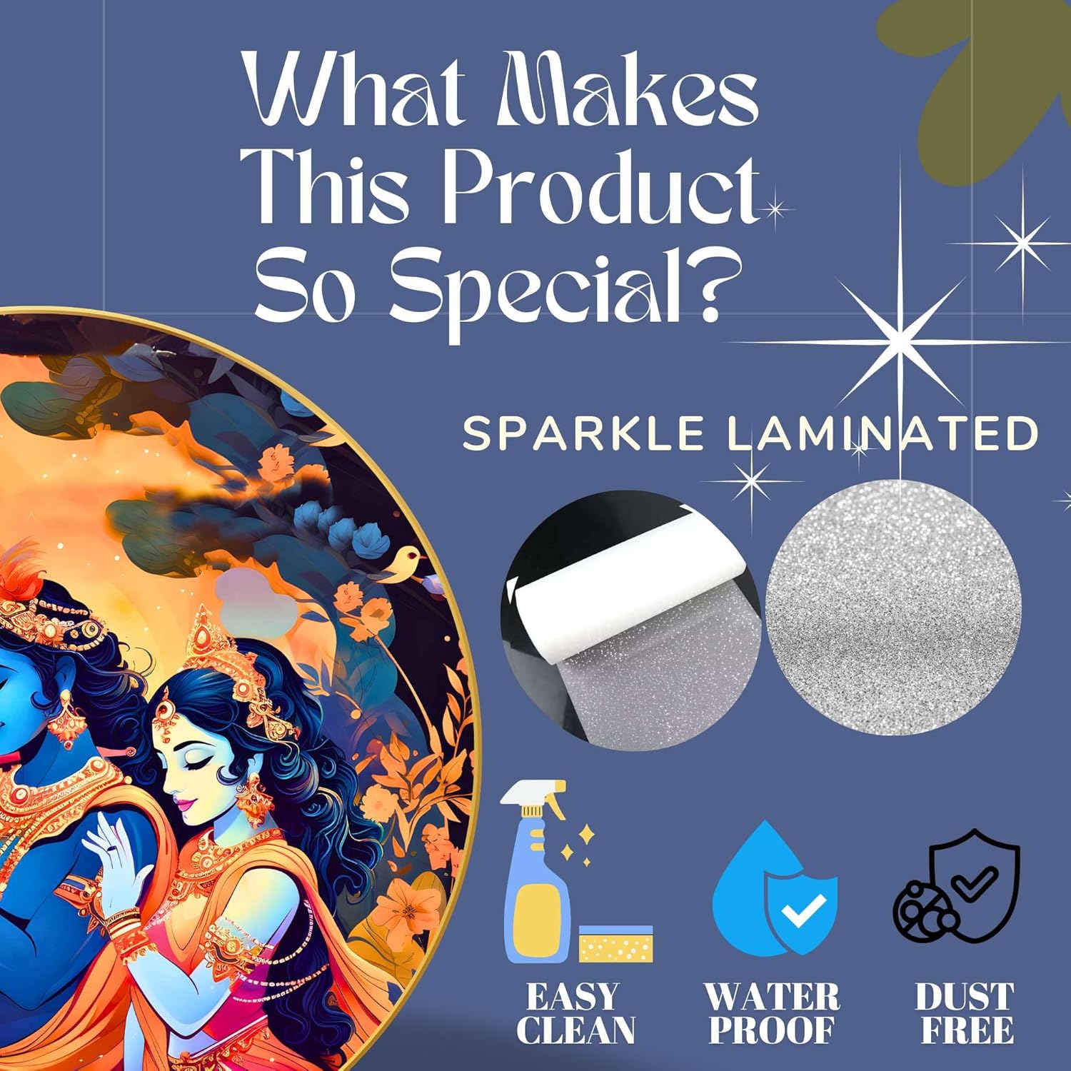 Radha Krishna Wall Painting for Wall Decoration with Frame Sparkle Glossy Round Golden Framed