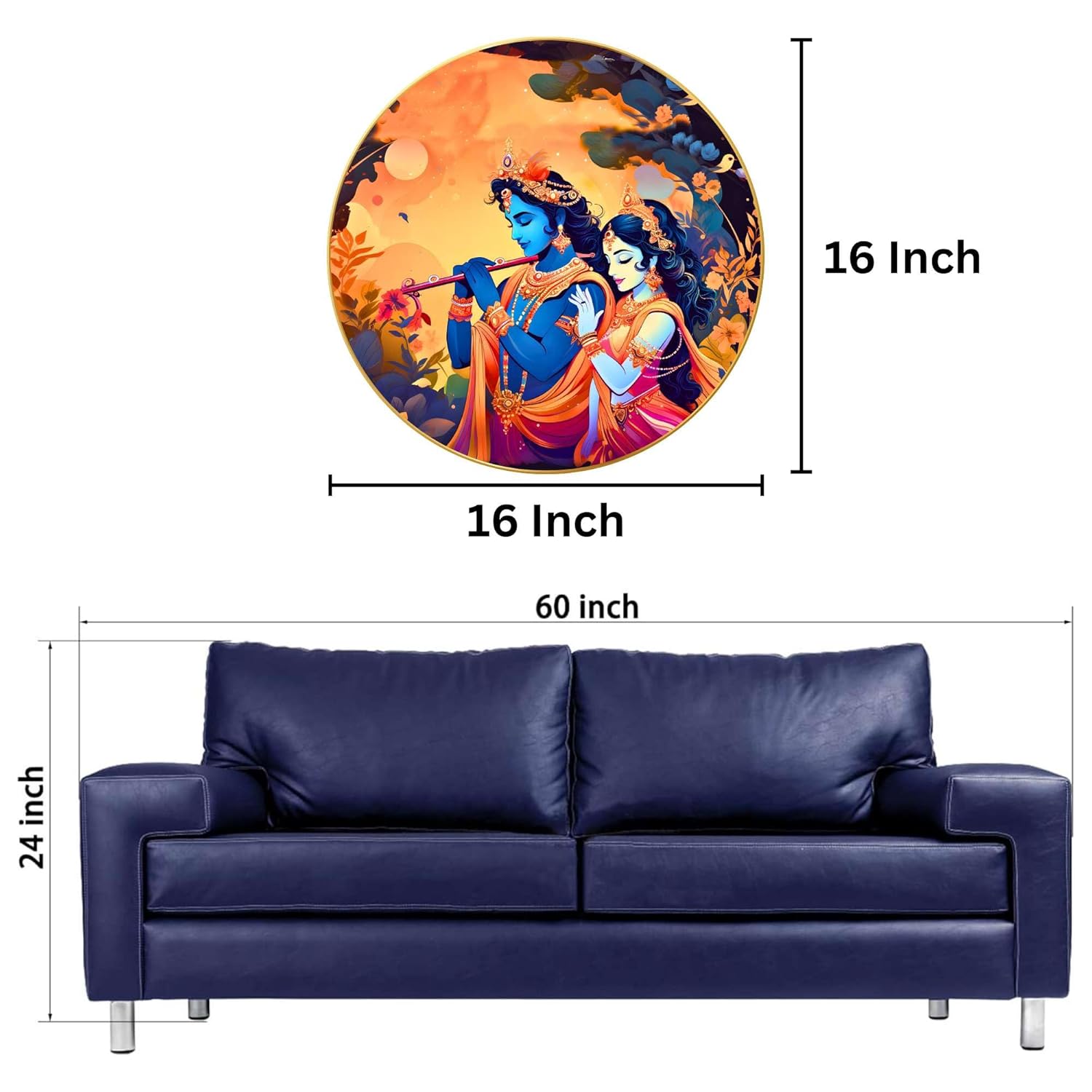 Radha Krishna Wall Painting for Wall Decoration with Frame Sparkle Glossy Round Golden Framed