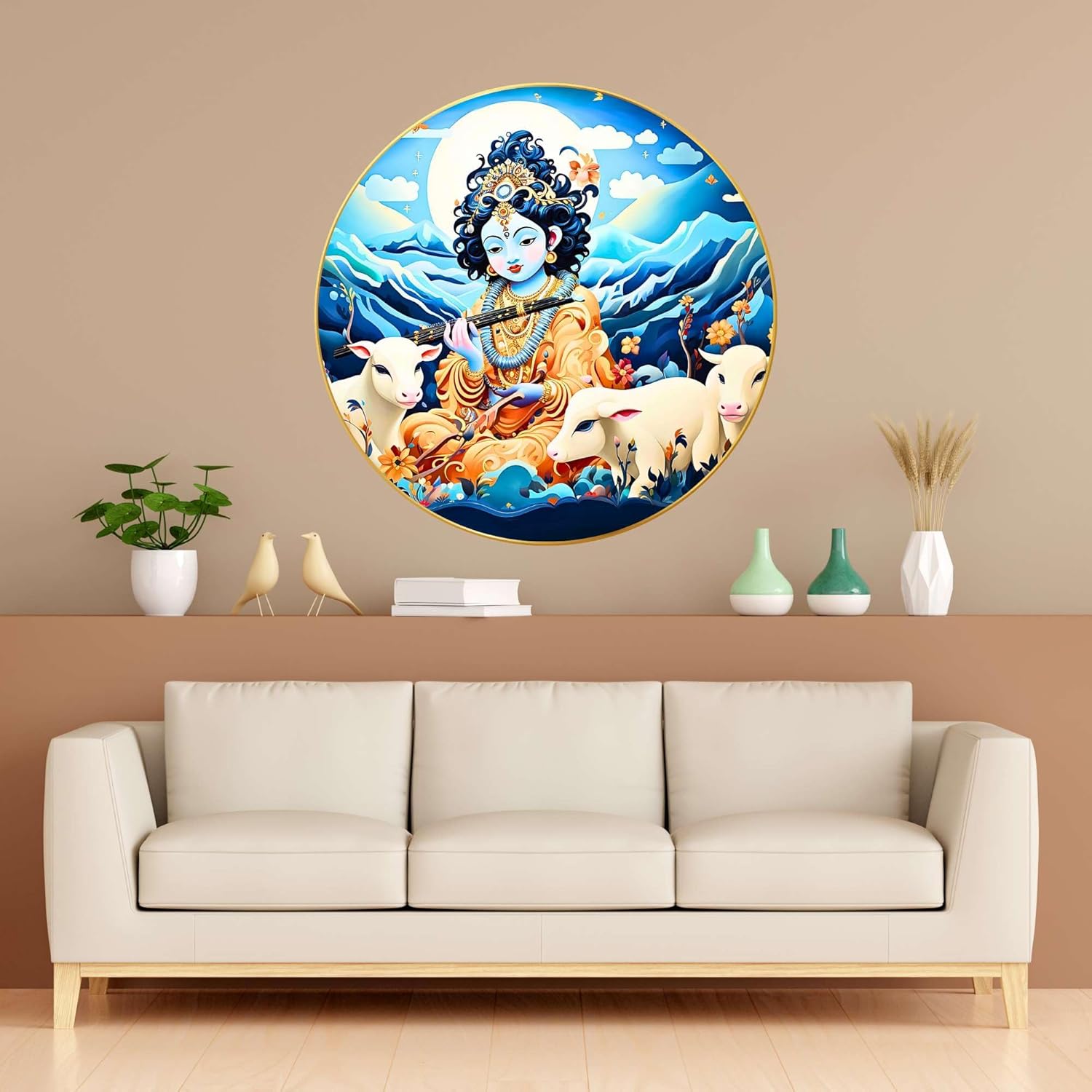 Radha Krishna Wall Painting for Wall Decoration with Frame Sparkle Glossy Round Golden Framed