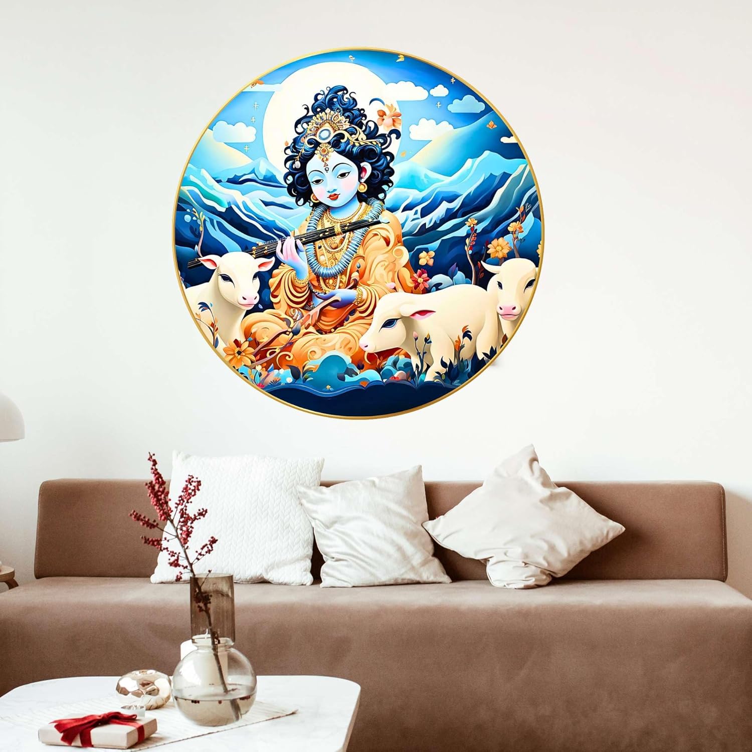 Radha Krishna Wall Painting for Wall Decoration with Frame Sparkle Glossy Round Golden Framed