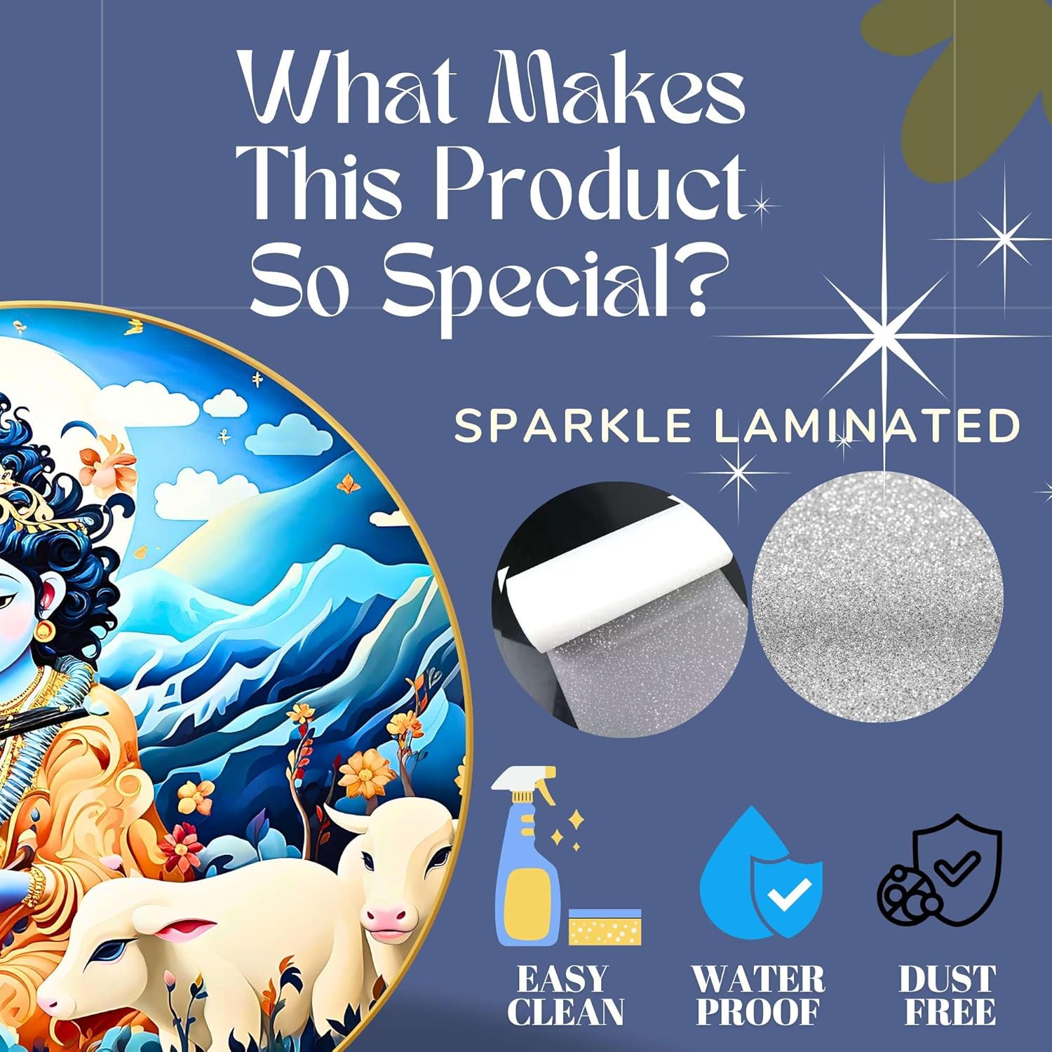 Radha Krishna Wall Painting for Wall Decoration with Frame Sparkle Glossy Round Golden Framed