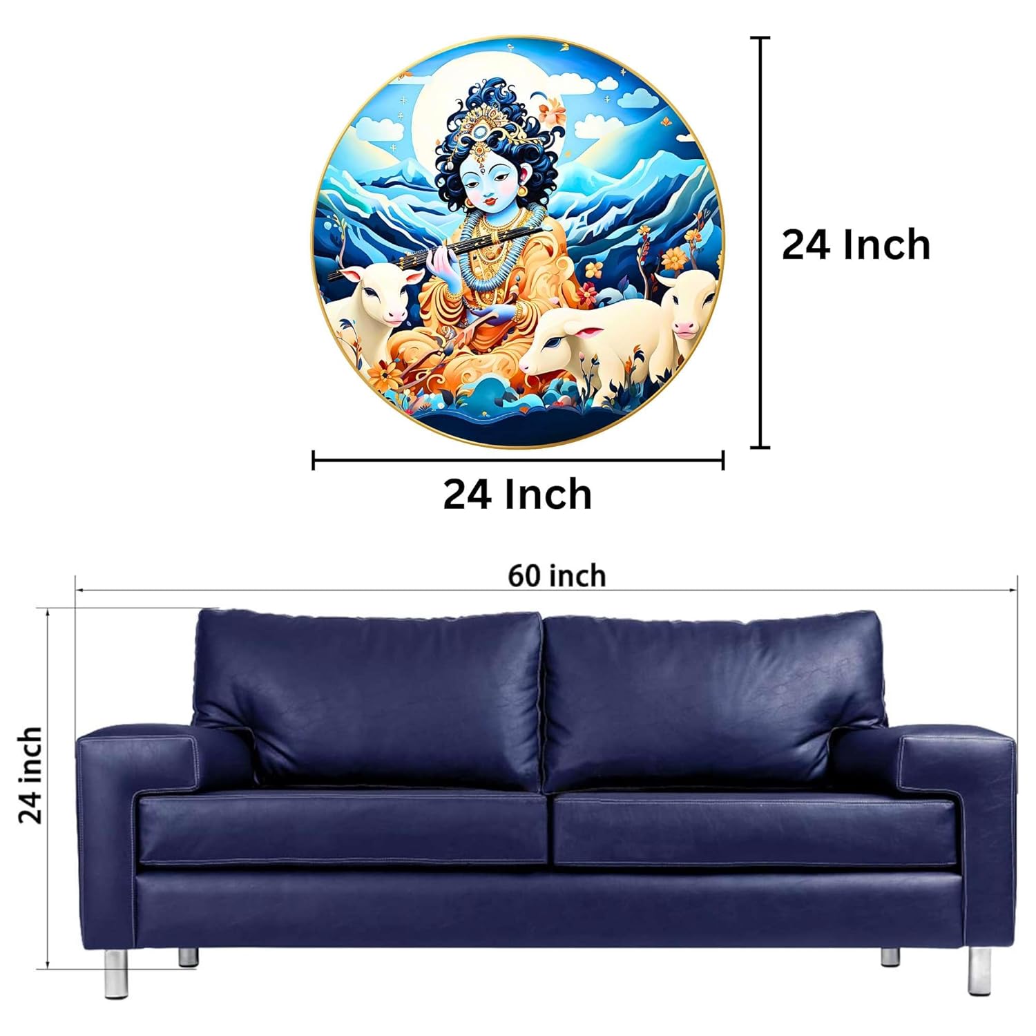 Radha Krishna Wall Painting for Wall Decoration with Frame Sparkle Glossy Round Golden Framed