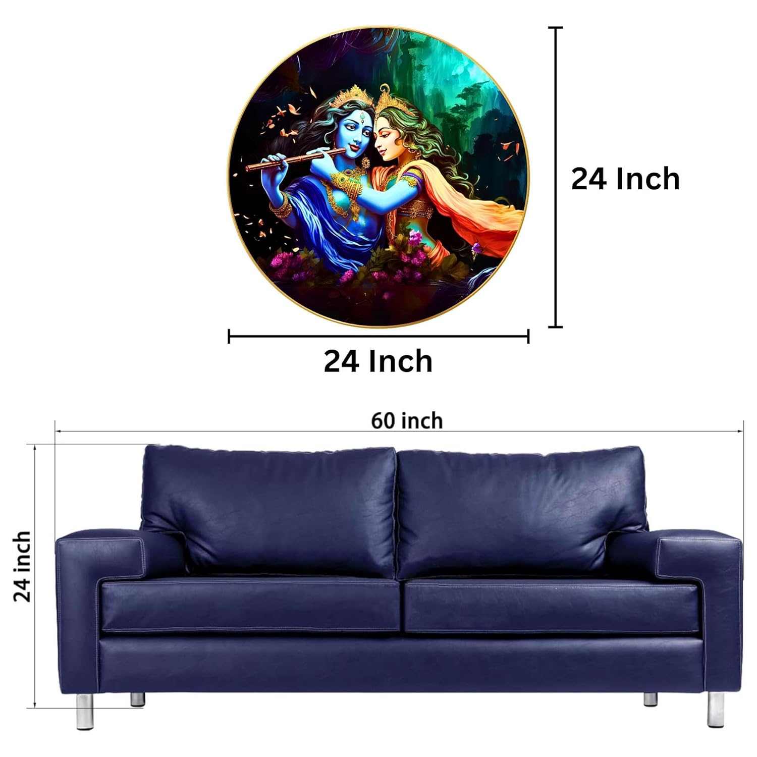 Radha Krishna Wall Painting for Wall Decoration with Frame Sparkle Glossy Round Golden Framed