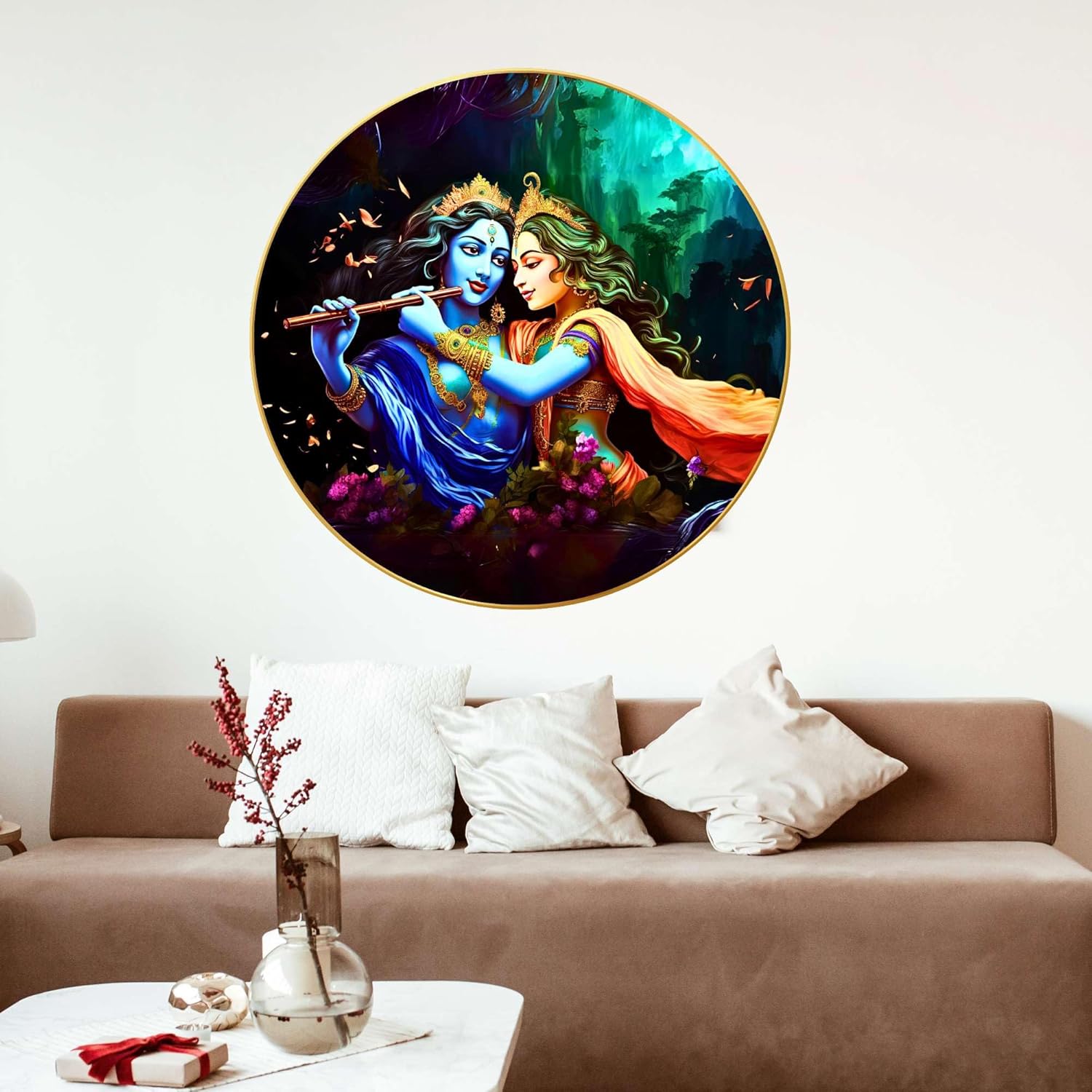 Radha Krishna Wall Painting for Wall Decoration with Frame Sparkle Glossy Round Golden Framed