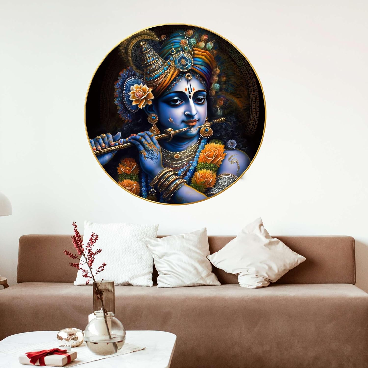 Radha Krishna Wall Painting for Wall Decoration with Frame Sparkle Glossy Round Golden Framed