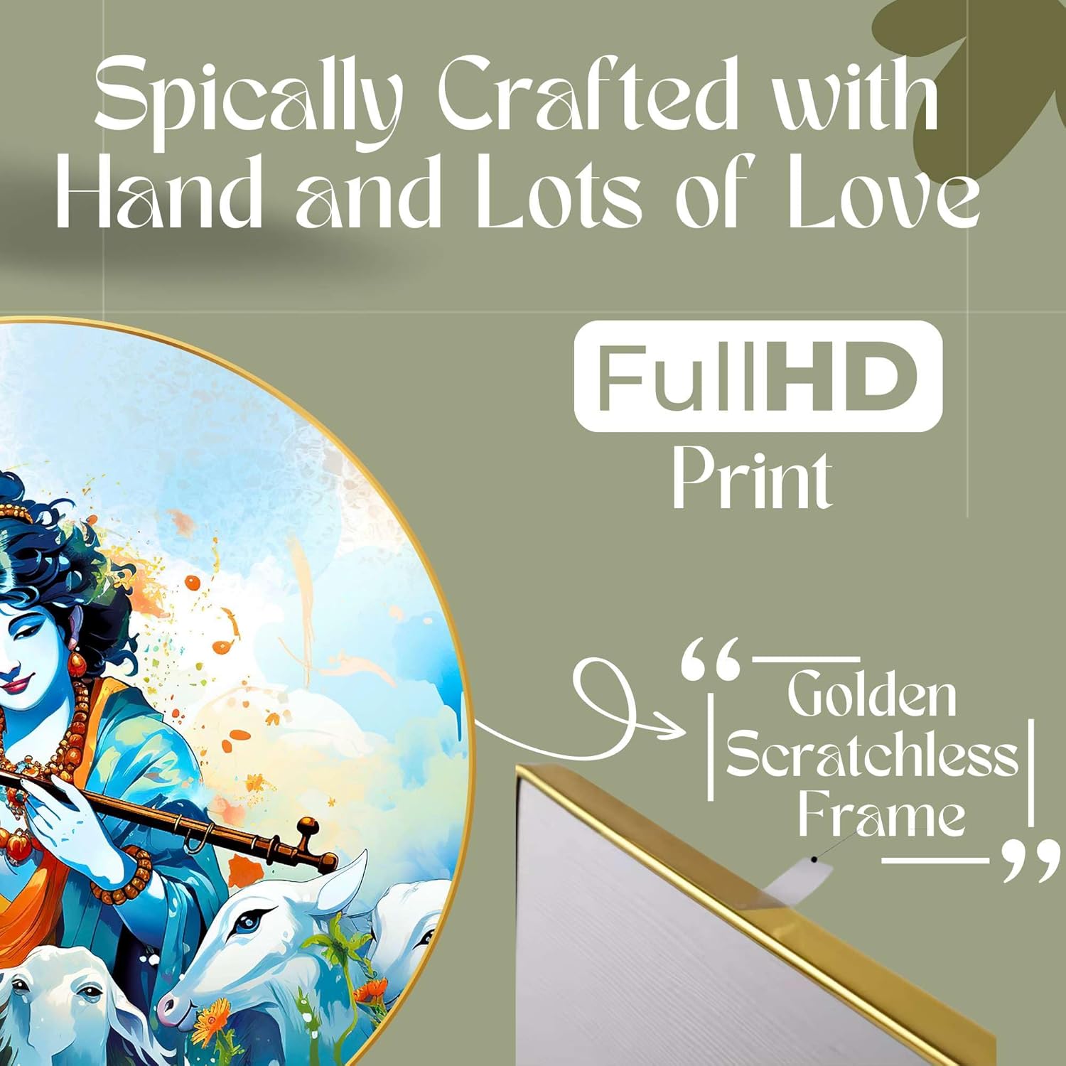 Radha Krishna Wall Painting for Wall Decoration with Frame Sparkle Glossy Round Golden Framed