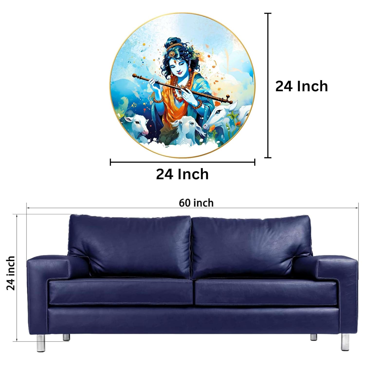 Radha Krishna Wall Painting for Wall Decoration with Frame Sparkle Glossy Round Golden Framed