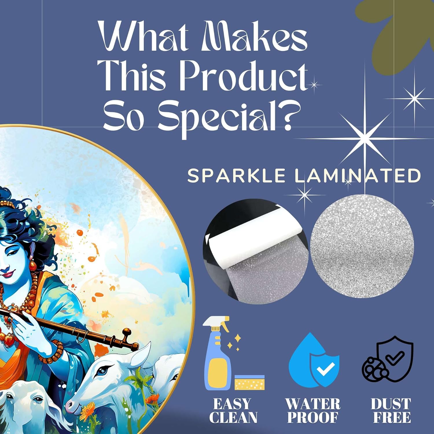 Radha Krishna Wall Painting for Wall Decoration with Frame Sparkle Glossy Round Golden Framed