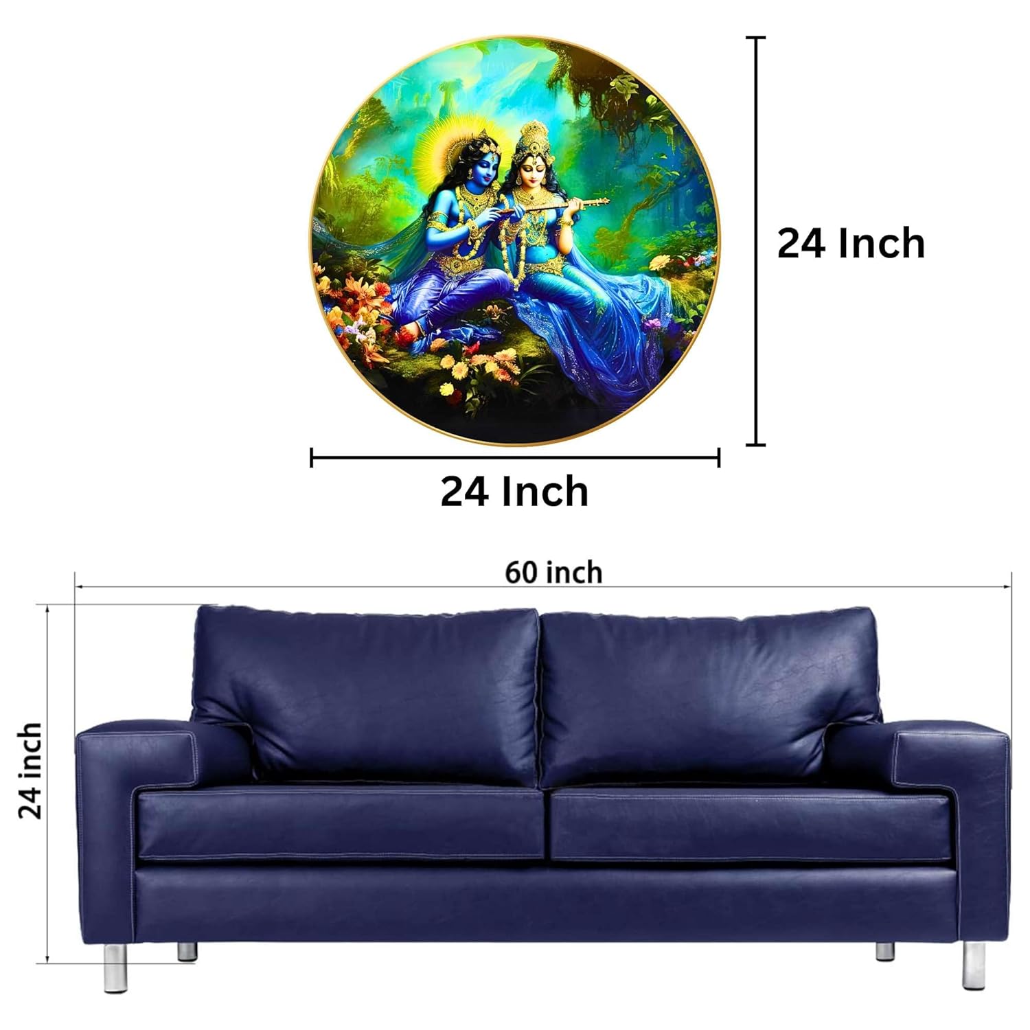 Radha Krishna Wall Painting for Wall Decoration with Frame Sparkle Glossy Round Golden Framed