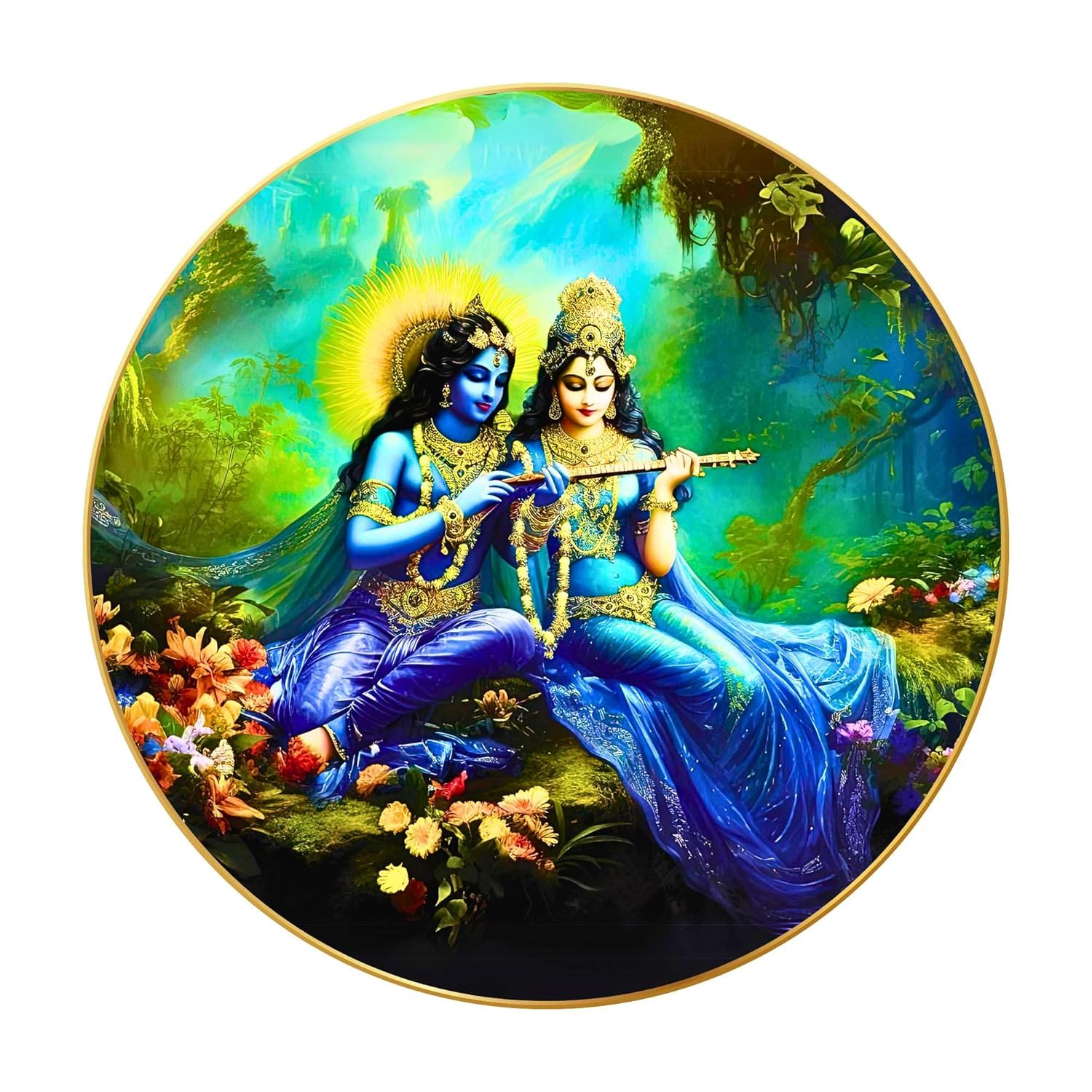 Radha Krishna Wall Painting for Wall Decoration with Frame Sparkle Glossy Round Golden Framed