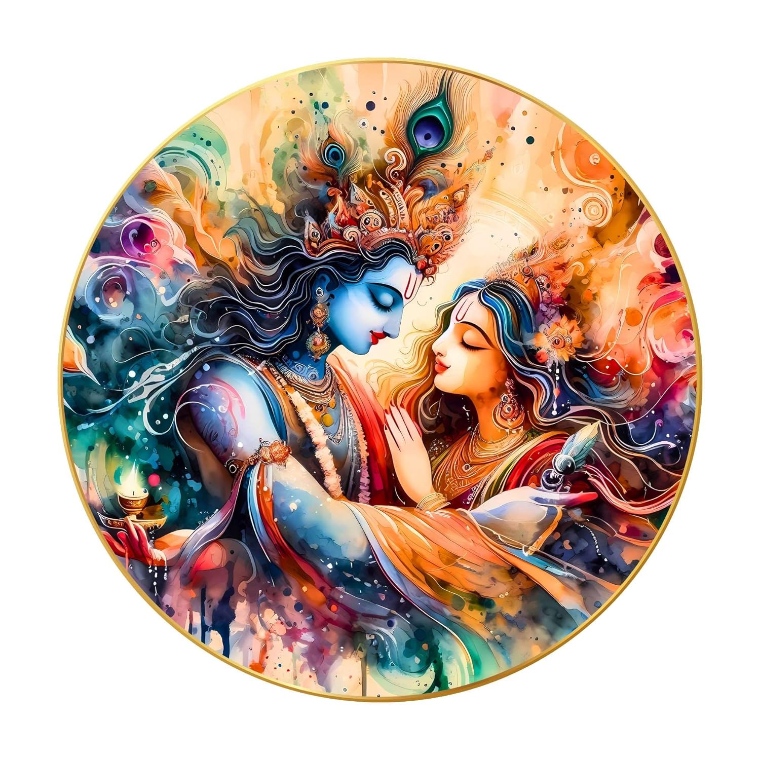 Radha Krishna Wall Painting for Wall Decoration with Frame Sparkle Glossy Round Golden Framed