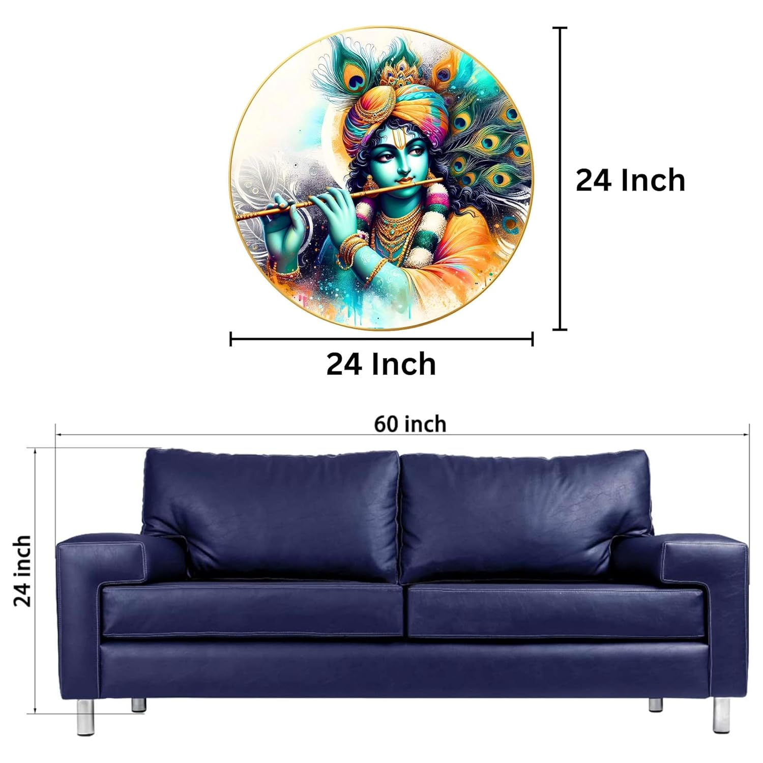 Radha Krishna Wall Painting for Wall Decoration with Frame Sparkle Glossy Round Golden Framed