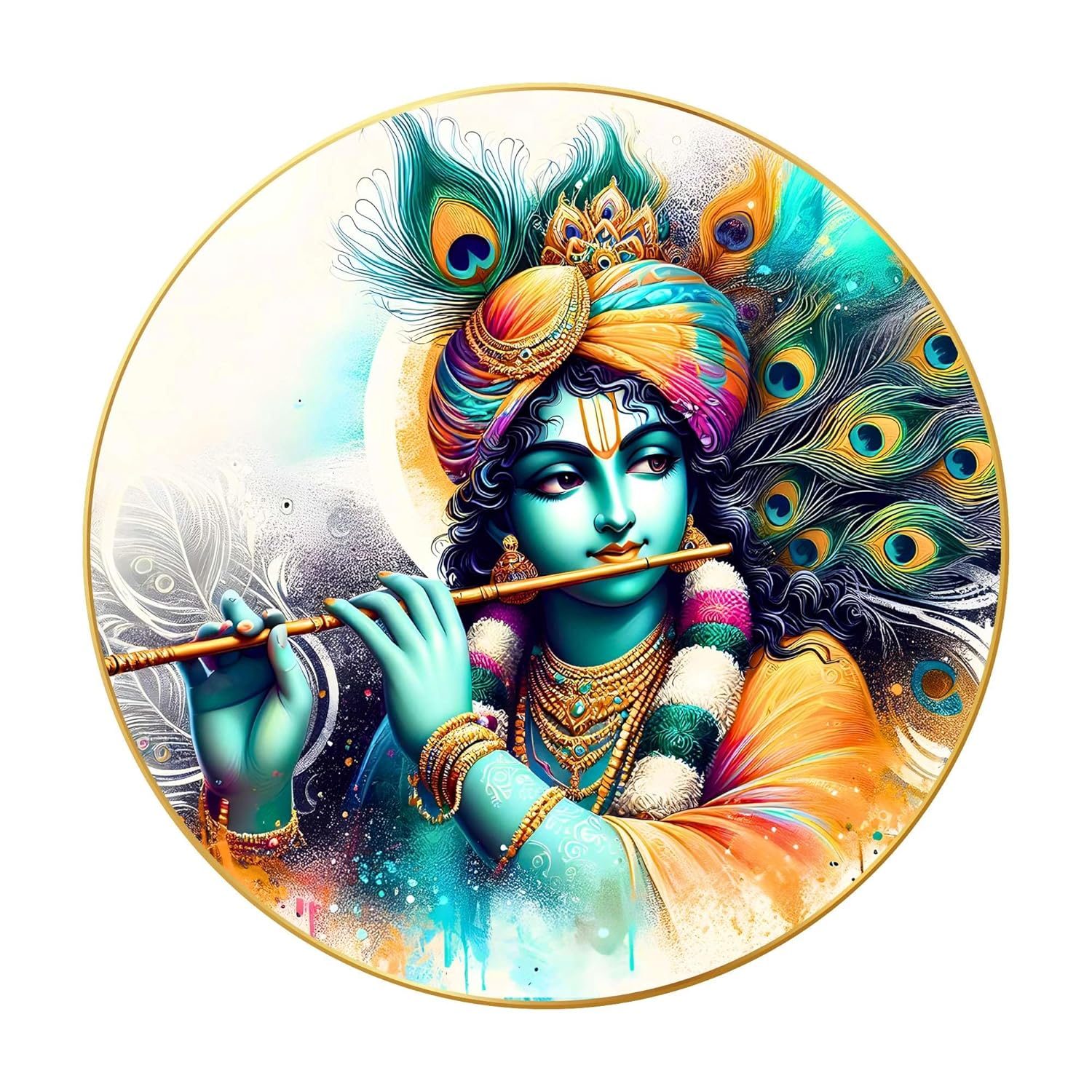 Radha Krishna Wall Painting for Wall Decoration with Frame Sparkle Glossy Round Golden Framed