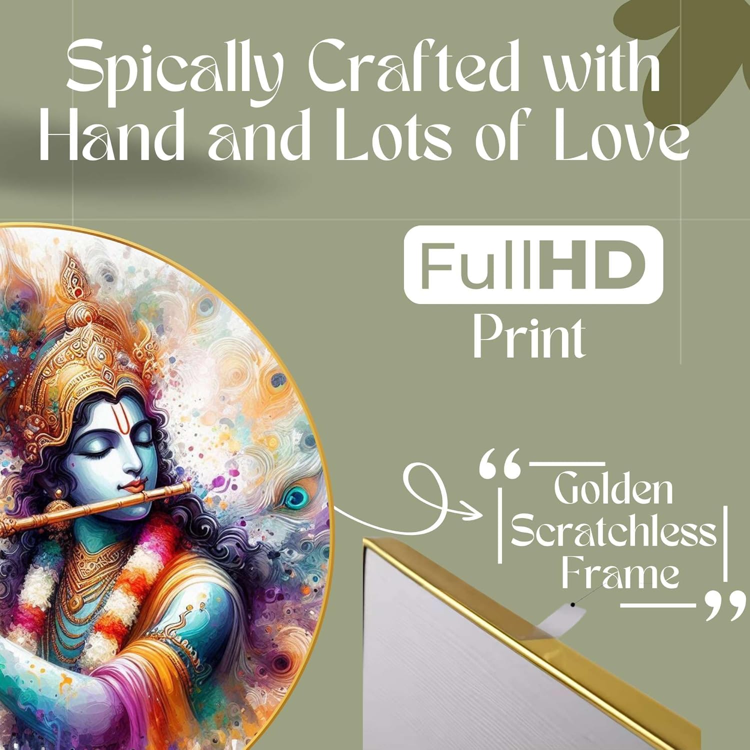 Radha Krishna Wall Painting for Wall Decoration with Frame Sparkle Glossy Round Golden Framed