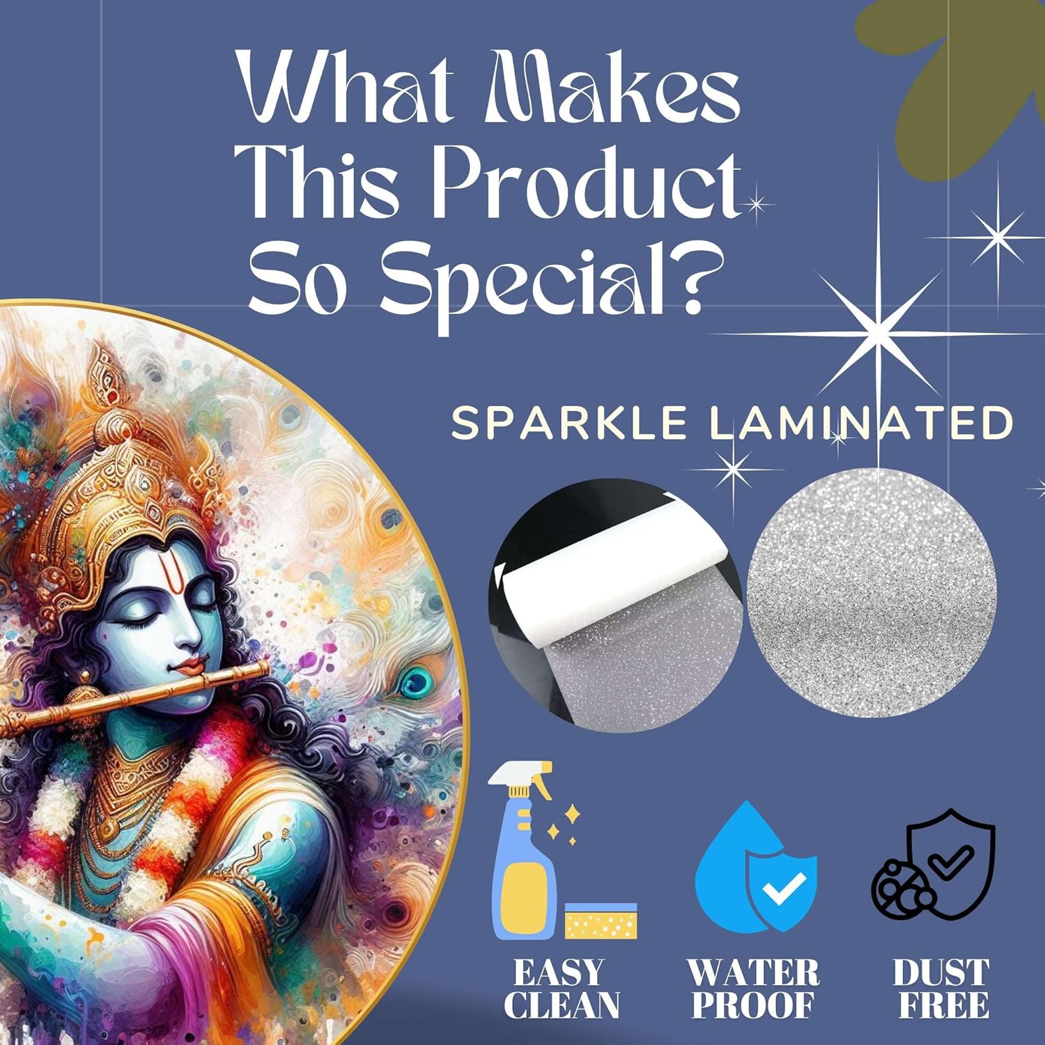 Radha Krishna Wall Painting for Wall Decoration with Frame Sparkle Glossy Round Golden Framed