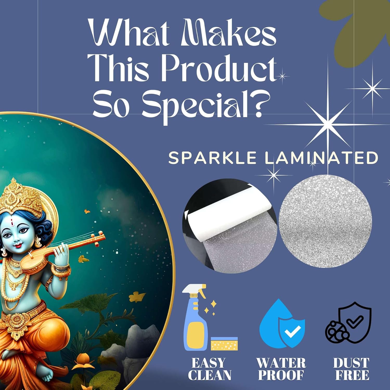 Radha Krishna Wall Painting for Wall Decoration with Frame Sparkle Glossy Round Golden Framed