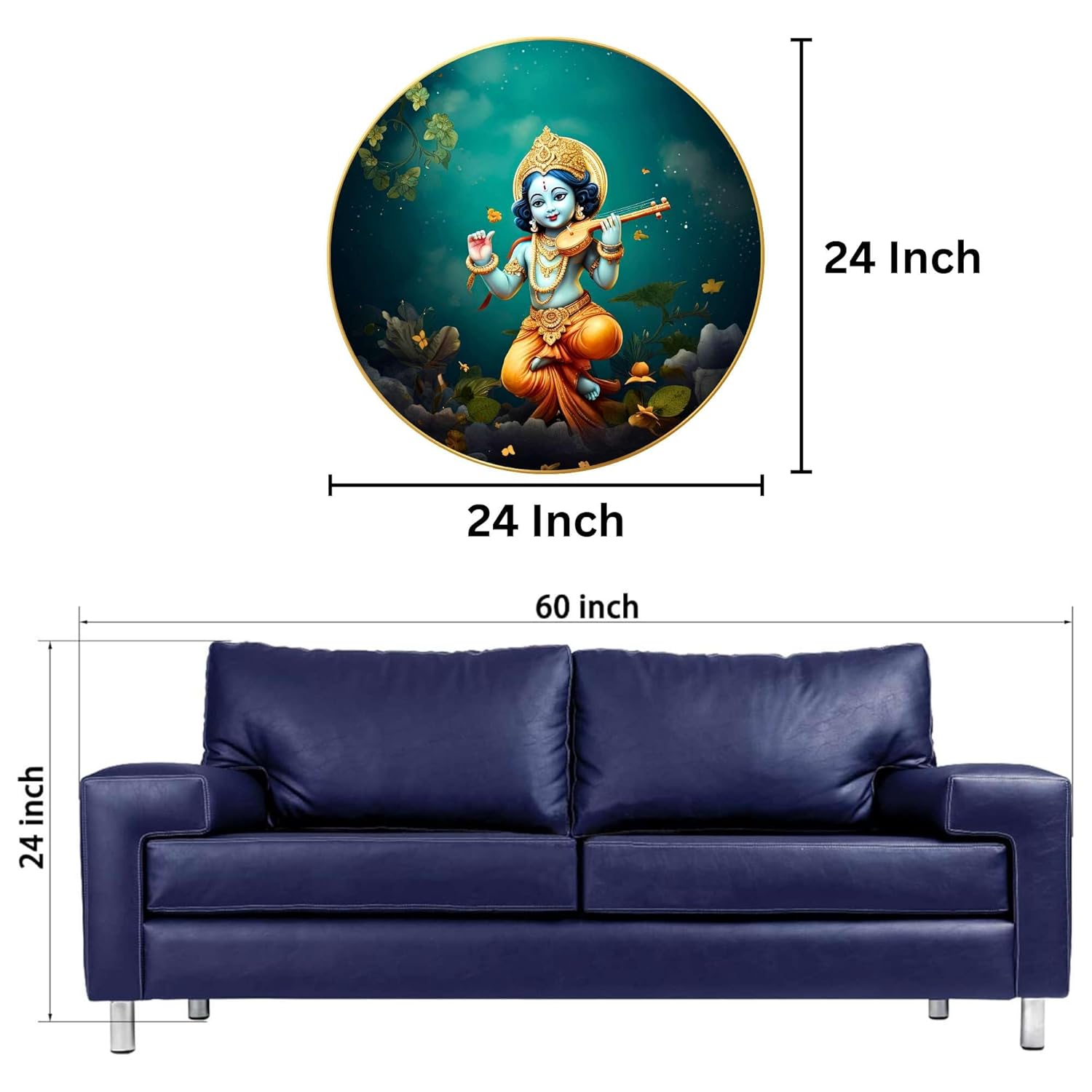 Radha Krishna Wall Painting for Wall Decoration with Frame Sparkle Glossy Round Golden Framed