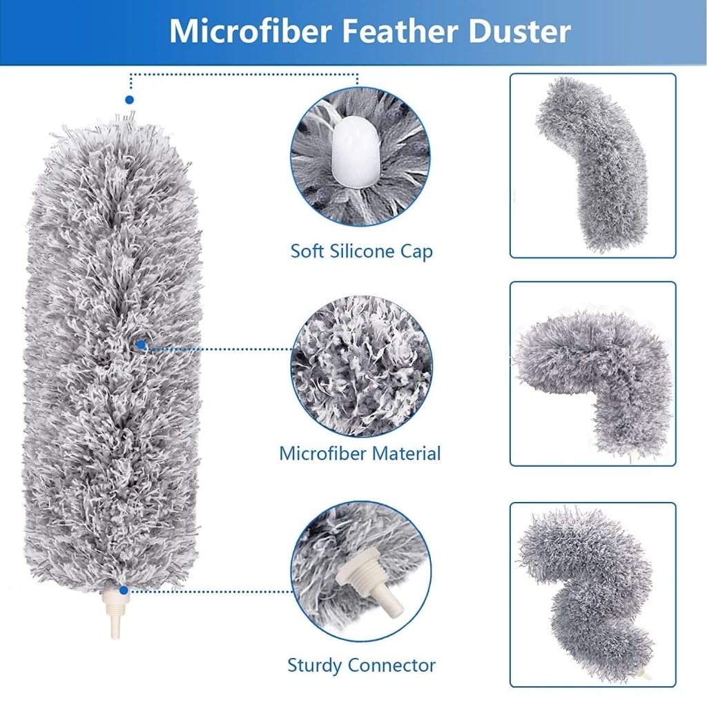 Microfiber Feather Duster with Telescopic Extension Pole – Scratch-Resistant, Washable Duster for High Ceiling Fans, Furniture, Windows, Blinds, and Cars (Up to 100 Inches, Grey)