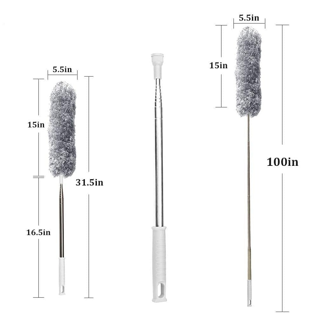Microfiber Feather Duster with Telescopic Extension Pole – Scratch-Resistant, Washable Duster for High Ceiling Fans, Furniture, Windows, Blinds, and Cars (Up to 100 Inches, Grey)