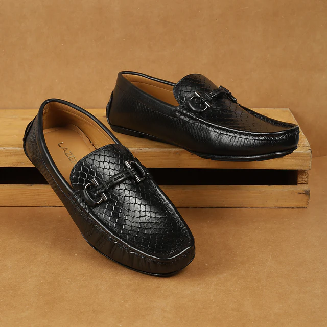The Monarch Men’s Black Textured Faux Leather Loafers with Metal Bit