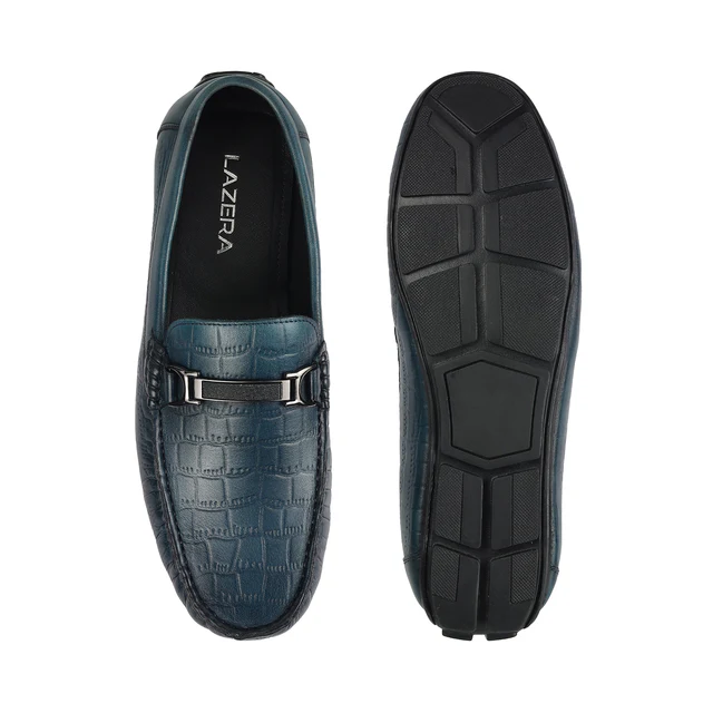 The Monarch Men’s Navy Textured Faux Leather Loafers with Metal Bit