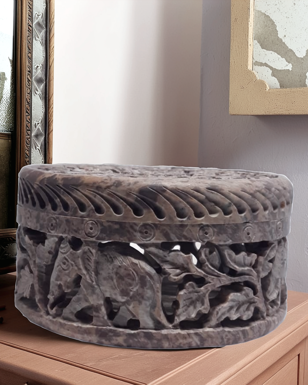 Intricate Leaf Elephant Design Marble Decorative Box