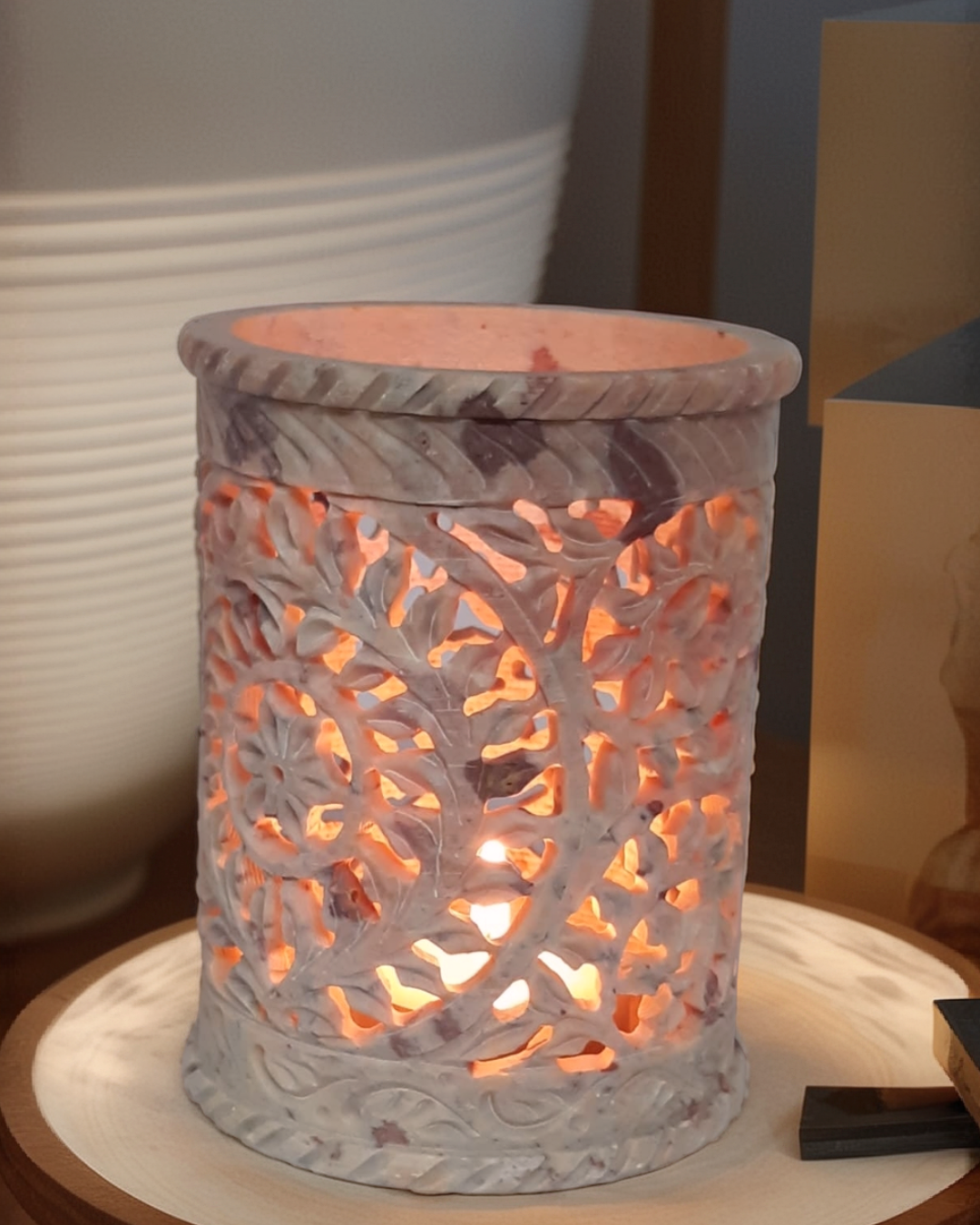 Round Marble Pen Holder with Tealight Leaf Flower Design