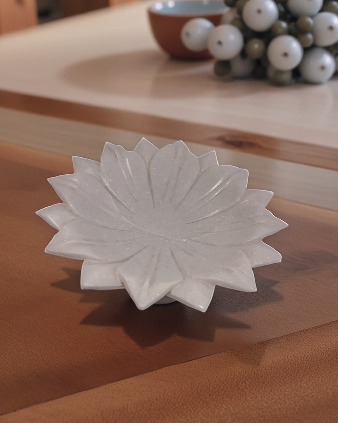 Large Marble Urli Bowl with Lotus Plate Decor Combo Set