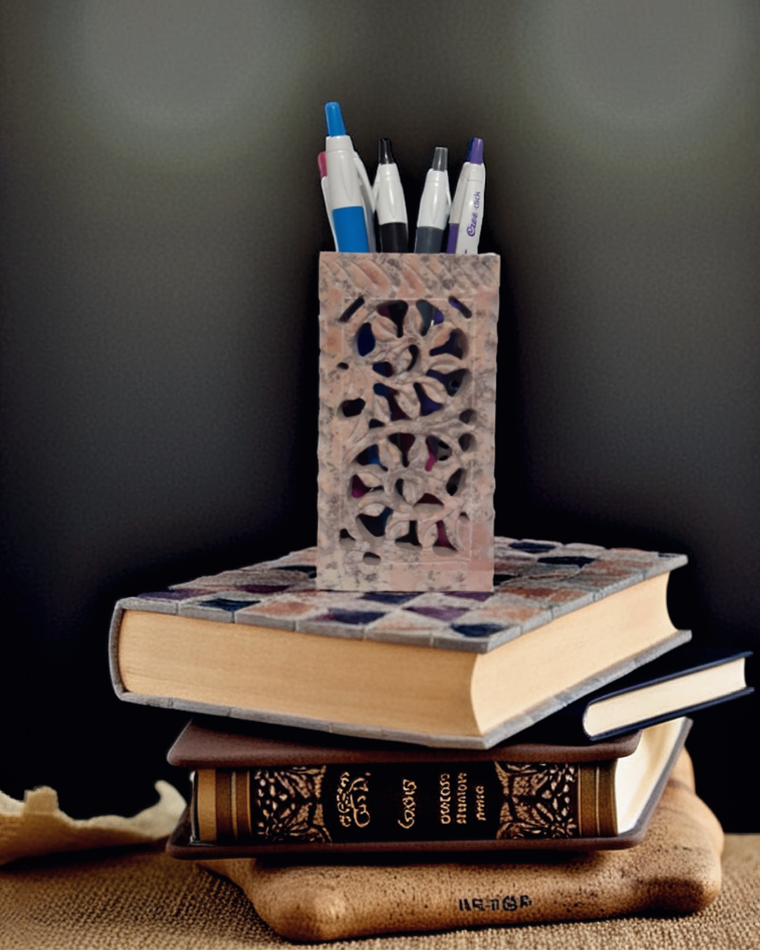 Marble Pen Holder with Tealight Stand Leaf Flower Design