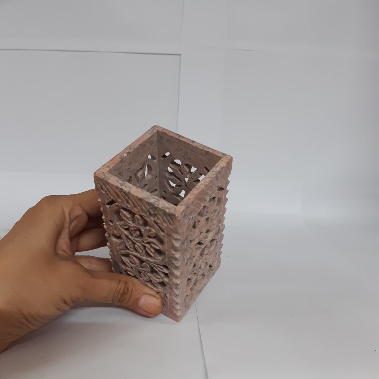 Marble Pen Holder with Tealight Stand Leaf Flower Design