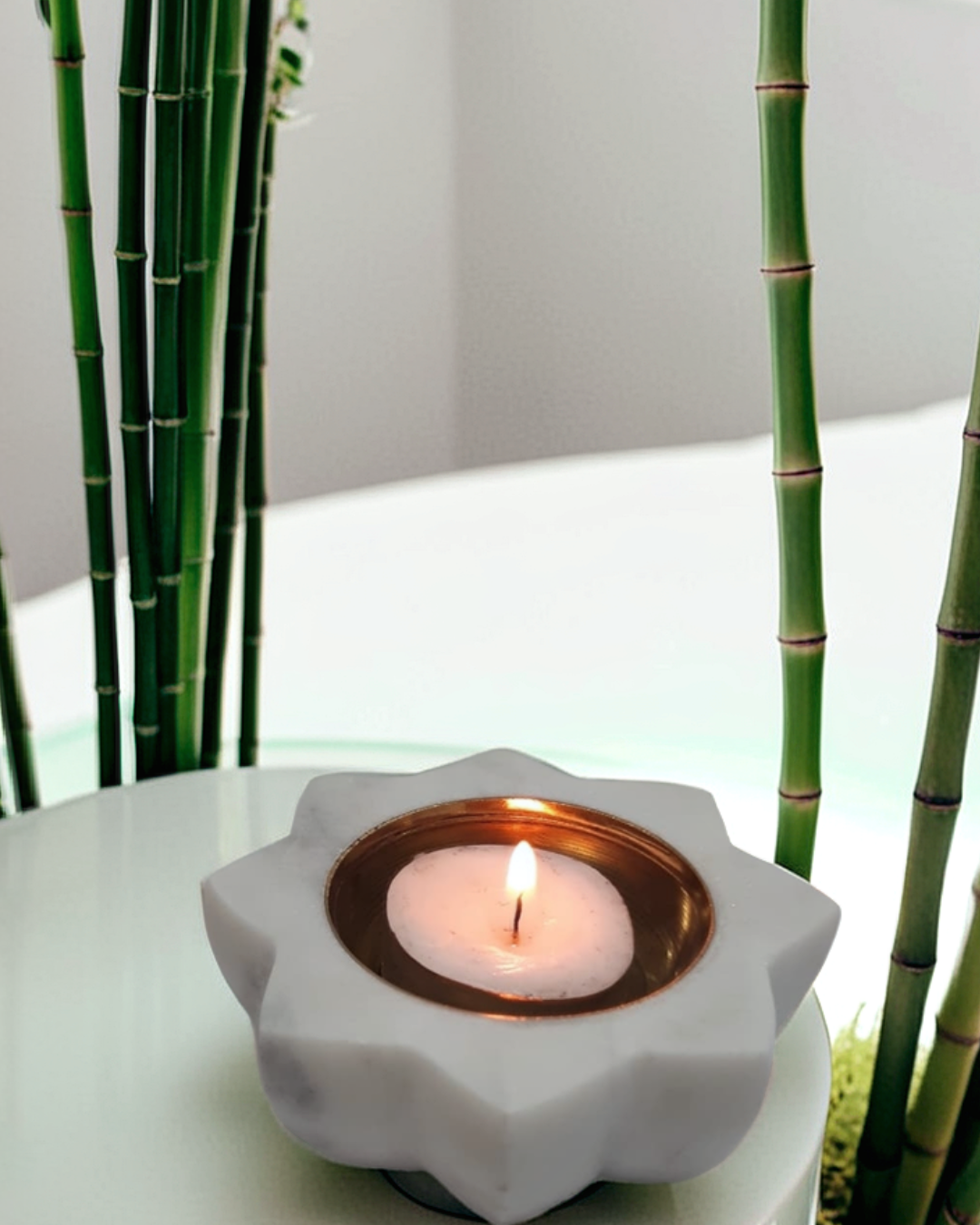 White Marble Diya with Brass Bowl for Po...