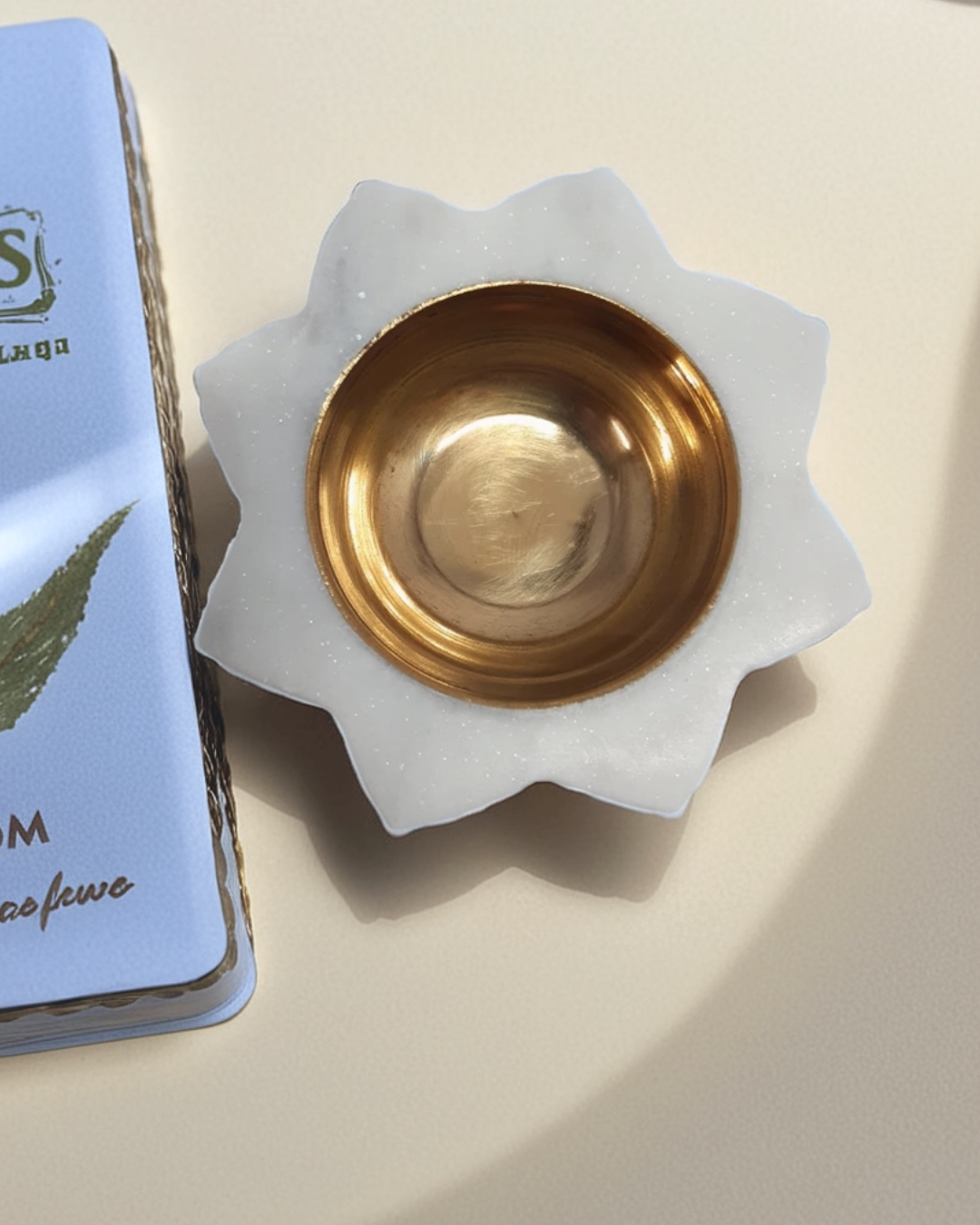 White Marble Diya with Brass Bowl for Pooja Decor