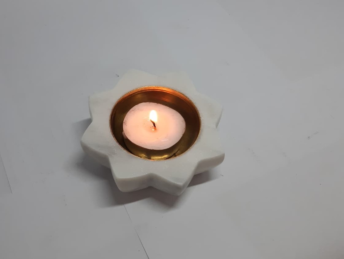 White Marble Diya with Brass Bowl for Pooja Decor